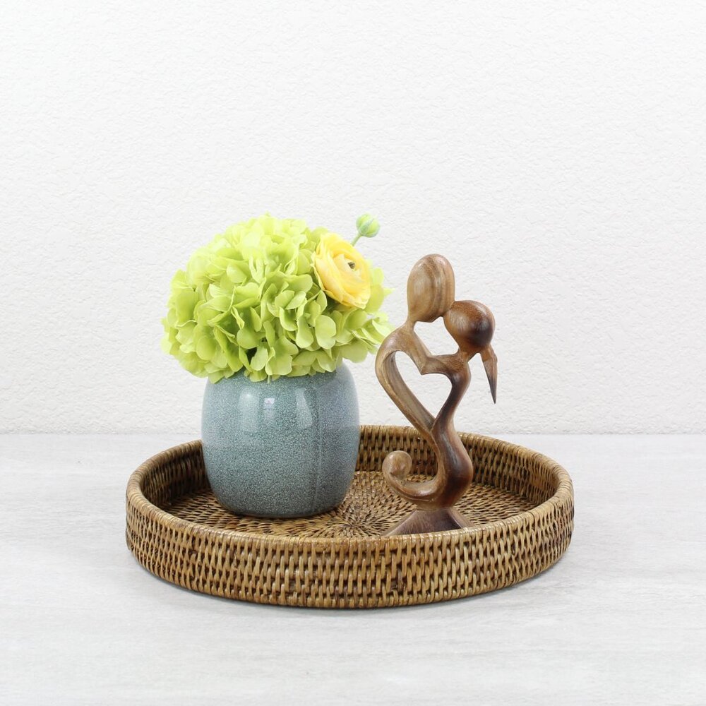 NEW Eco Handcraft Small Round Tight Woven Rattan Tray-Honey Brown